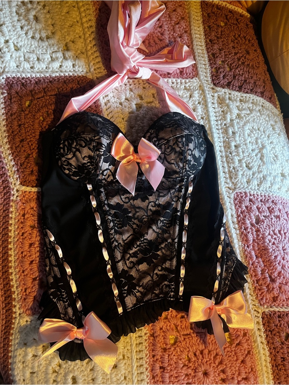 Envie Intimates Black Lace Halter Bustier with Pink Satin Bows